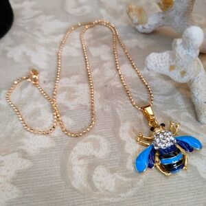 Blue with Crystals Bumble Bee Charm Pendant & 18" Chain